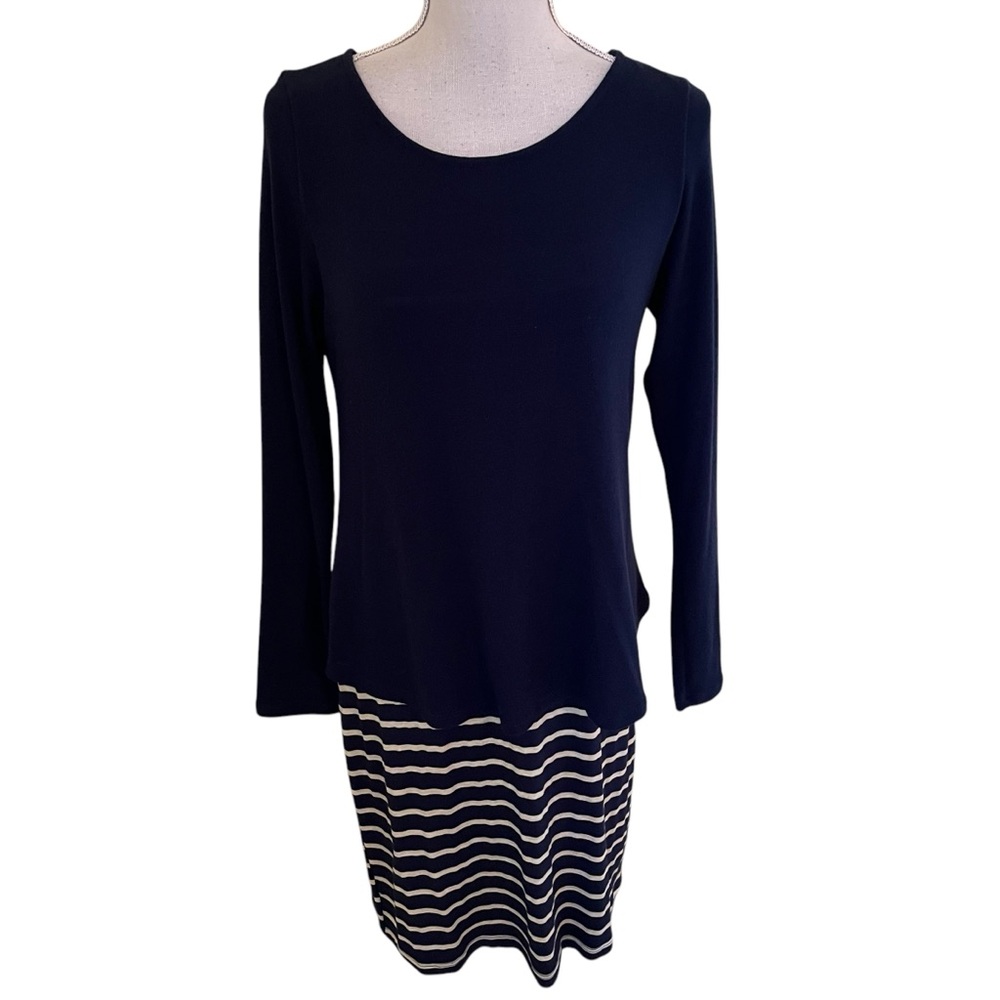 Hail3y:23 Navy Blue and Tan "Joel" Striped Long Sleeve Popover Dress M